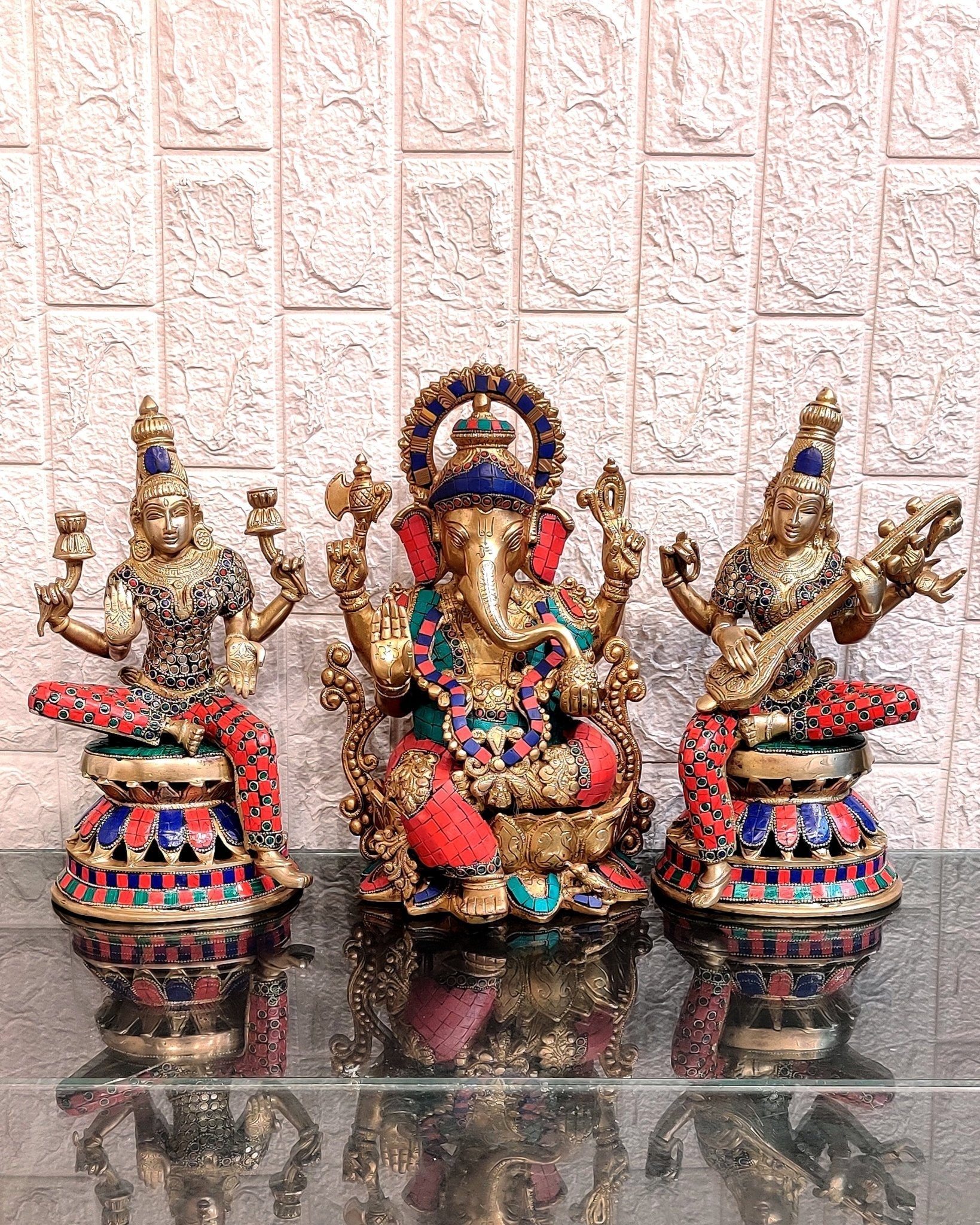 Pure Brass Ganesh, lakshmi Saraswati idols with meenakari 12 inch