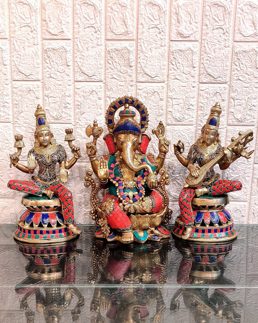 Pure Brass Ganesh, lakshmi Saraswati idols with meenakari 12 inch