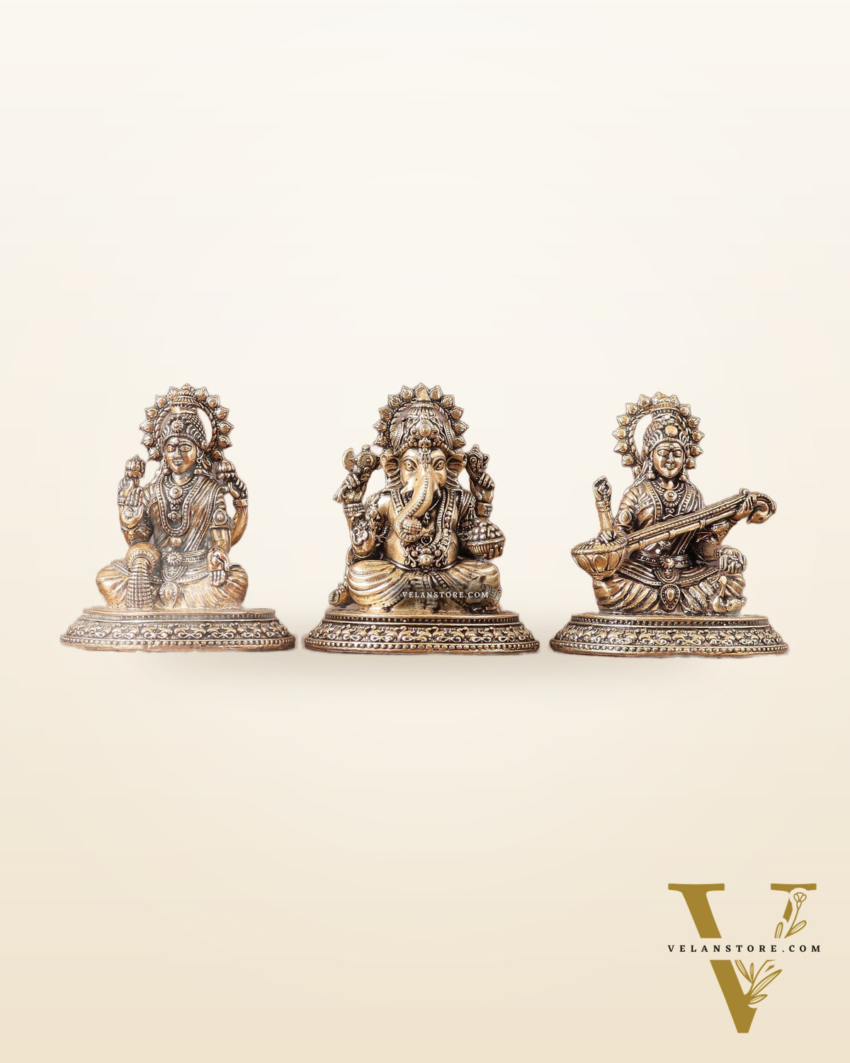 Pure Brass Ganesh, Lakshmi, Saraswati Intricate Idols 3"
