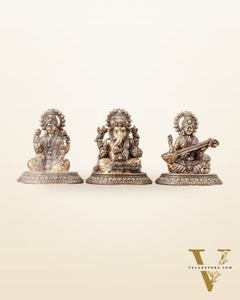 Pure Brass Ganesh, Lakshmi, Saraswati Intricate Idols 3"