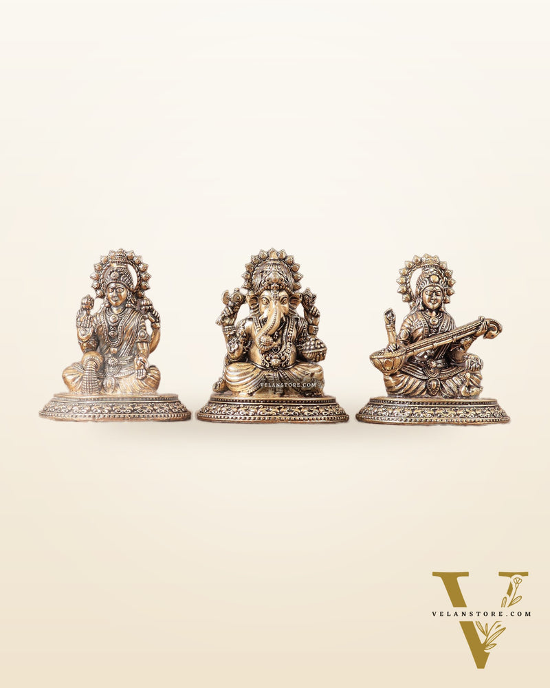 Pure Brass Ganesh, Lakshmi, Saraswati Intricate Idols 3"