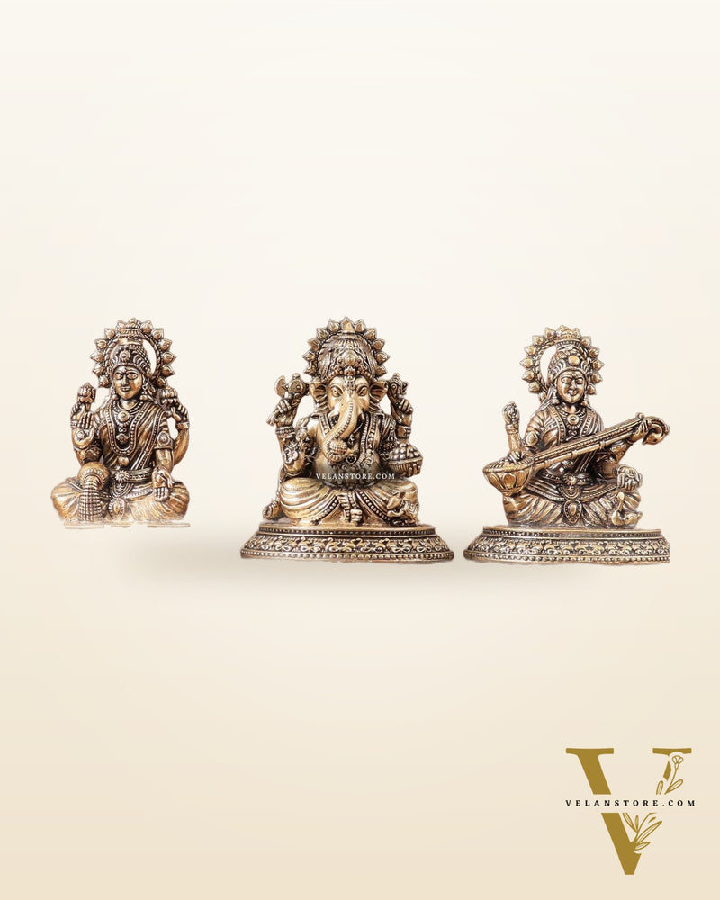 Pure Brass Ganesh, Lakshmi, Saraswati Intricate Idols 3"