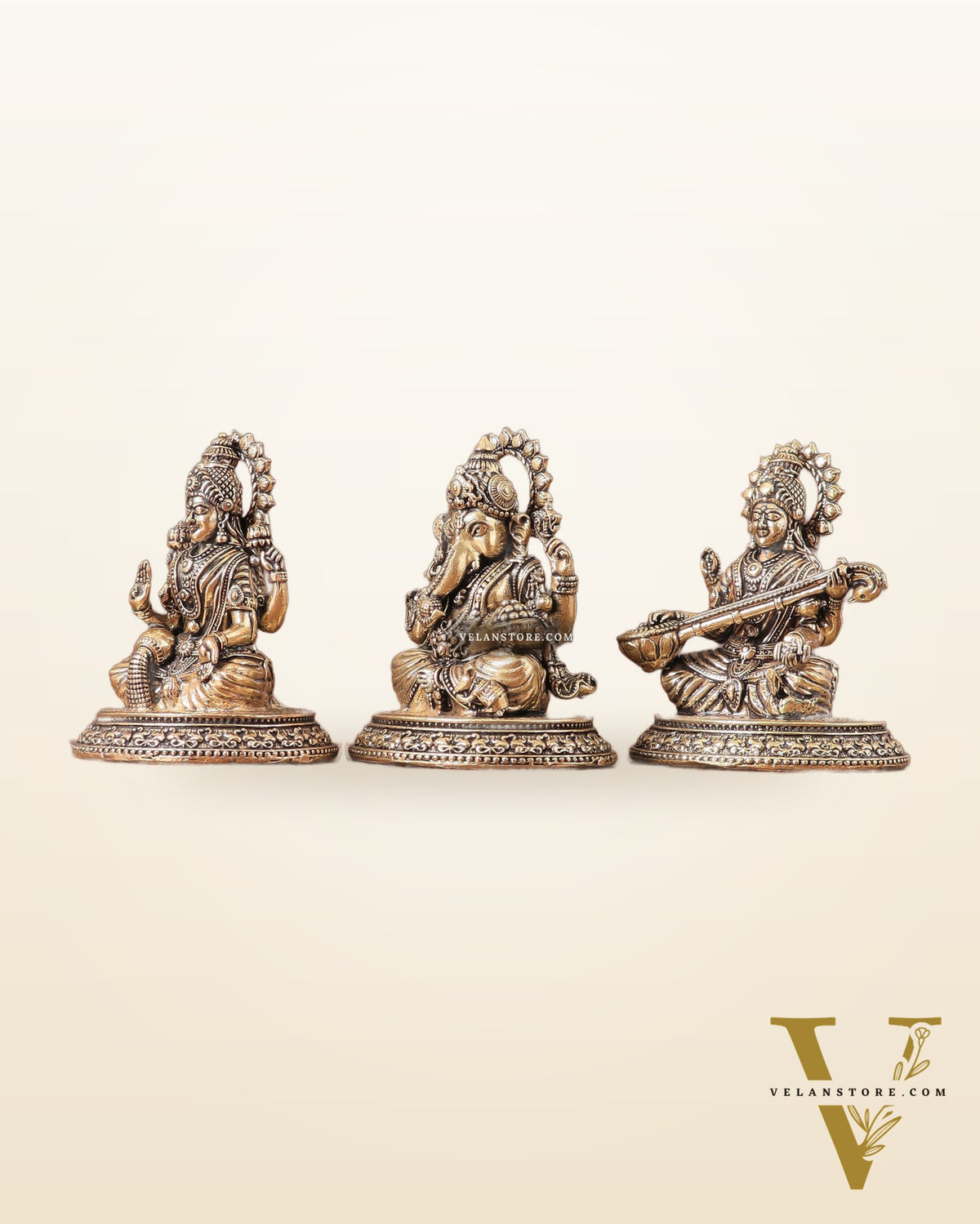 Pure Brass Ganesh, Lakshmi, Saraswati Intricate Idols 3"