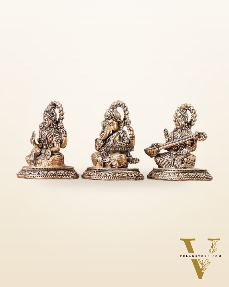 Pure Brass Ganesh, Lakshmi, Saraswati Intricate Idols 3"