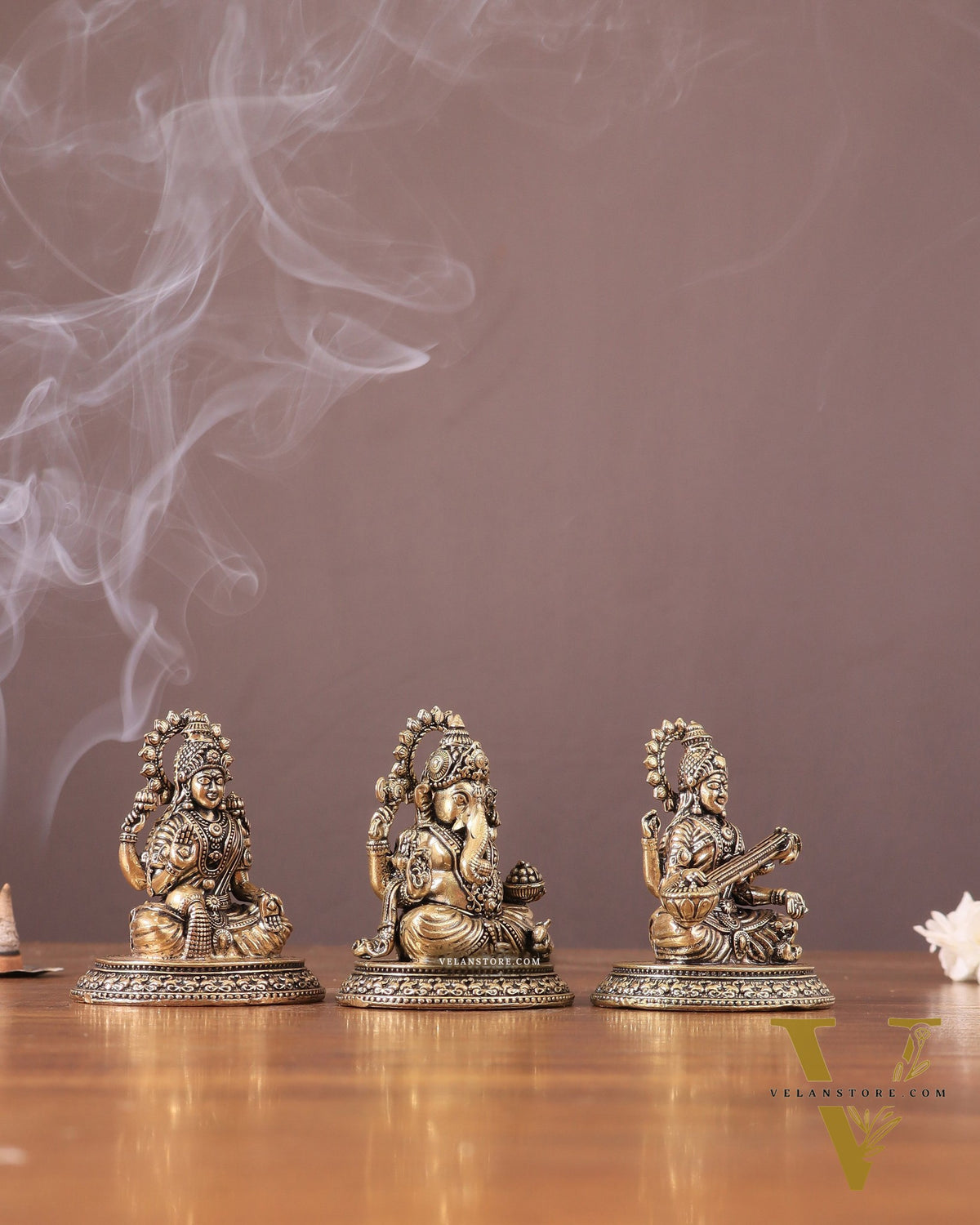 Pure Brass Ganesh, Lakshmi, Saraswati Intricate Idols 3"