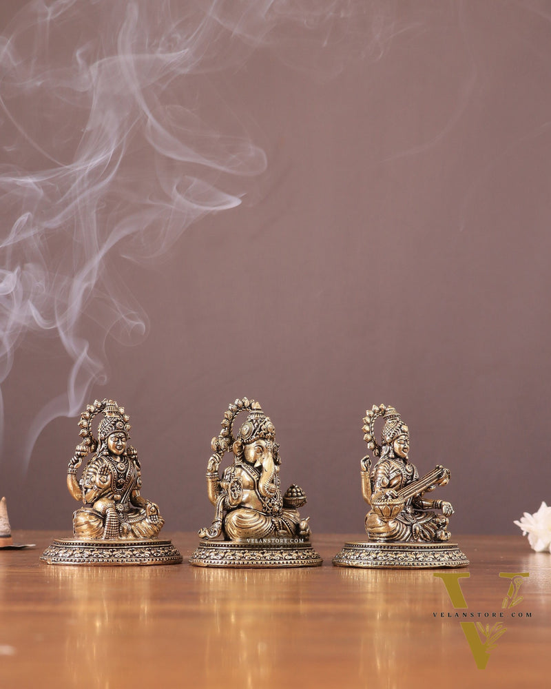 Pure Brass Ganesh, Lakshmi, Saraswati Intricate Idols 3"