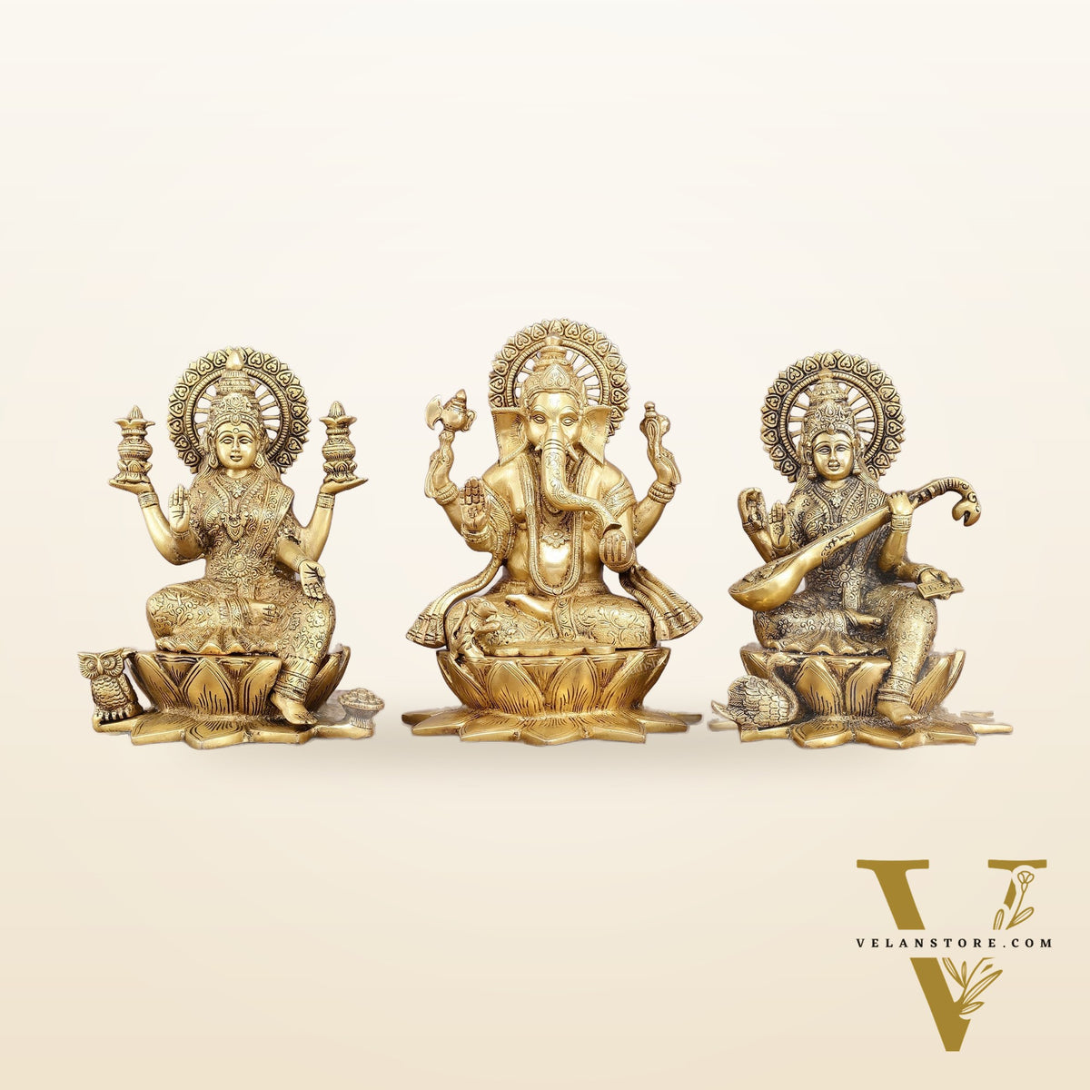 Pure Brass Ganesh Lakshmi Saraswati Set - 11" Divine Trio for Prosperity