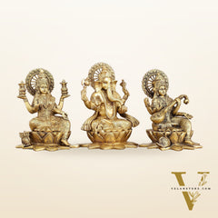 Pure Brass Ganesh Lakshmi Saraswati Set - 11" Divine Trio for Prosperity