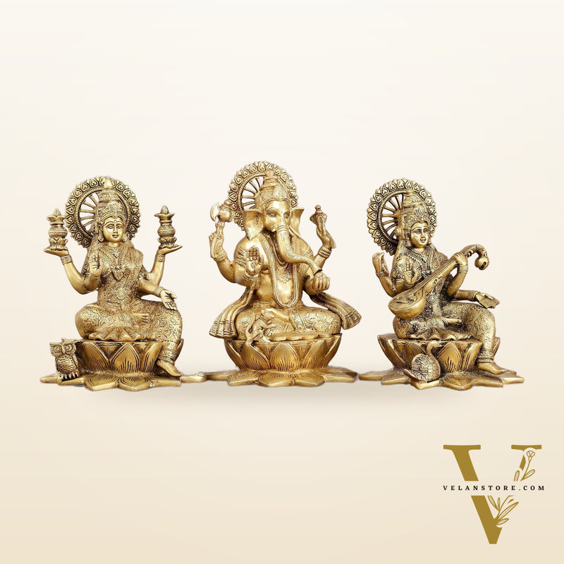 Pure Brass Ganesh Lakshmi Saraswati Set - 11" Divine Trio for Prosperity
