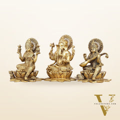Pure Brass Ganesh Lakshmi Saraswati Set - 11" Divine Trio for Prosperity