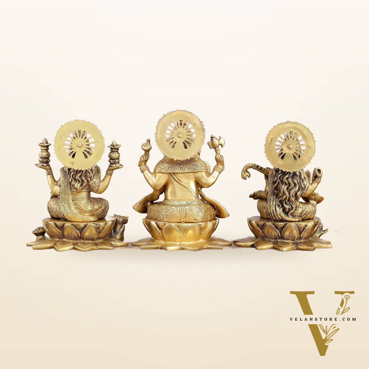 Pure Brass Ganesh Lakshmi Saraswati Set - 11" Divine Trio for Prosperity