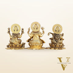 Pure Brass Ganesh Lakshmi Saraswati Set - 11" Divine Trio for Prosperity
