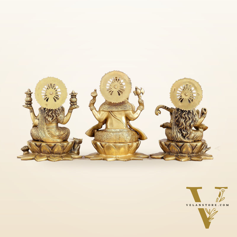 Pure Brass Ganesh Lakshmi Saraswati Set - 11" Divine Trio for Prosperity