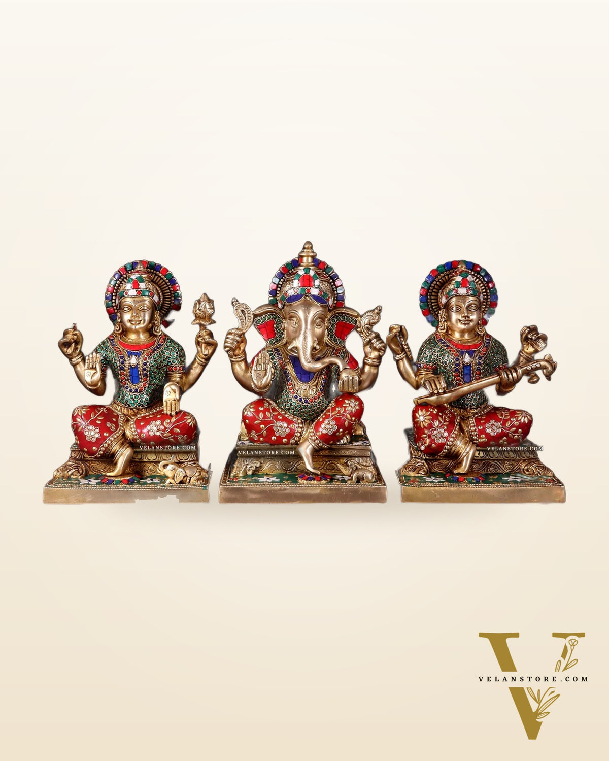 Pure Brass Ganesh Lakshmi Saraswati Statue Set 12 inch multicolour