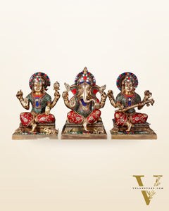 Pure Brass Ganesh Lakshmi Saraswati Statue Set 12 inch multicolour
