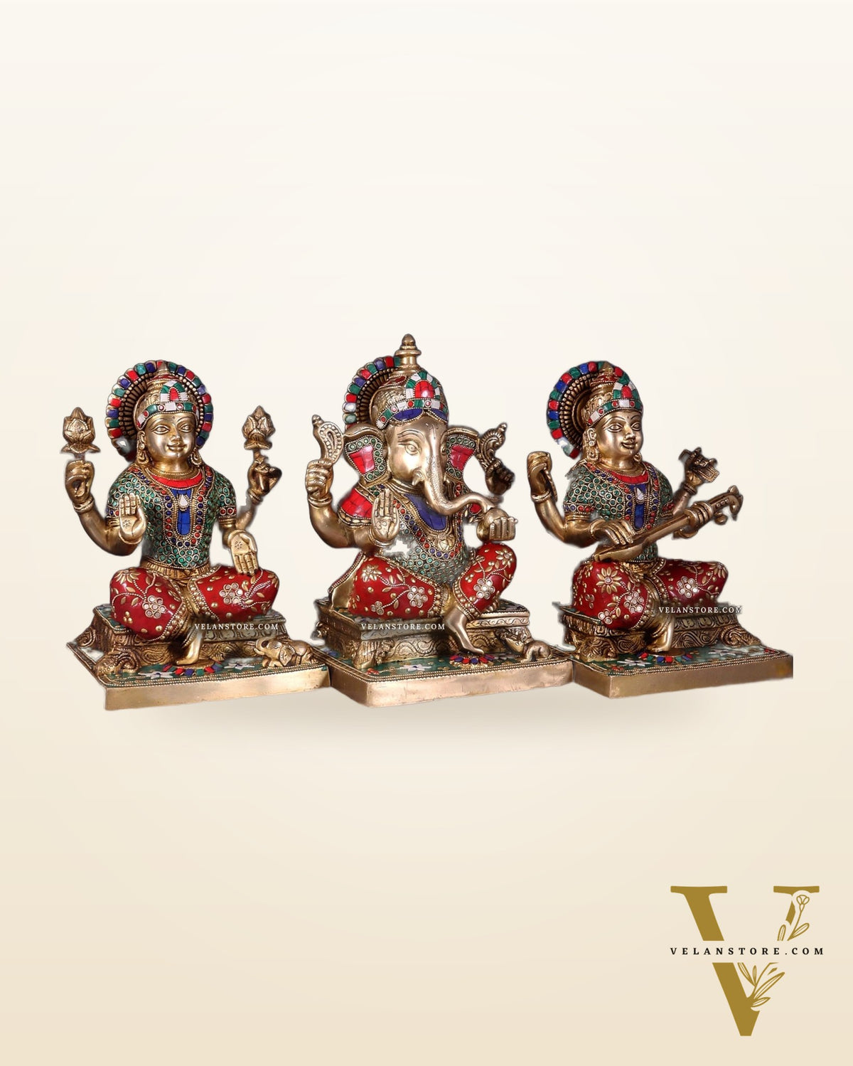 Pure Brass Ganesh Lakshmi Saraswati Statue Set 12 inch multicolour