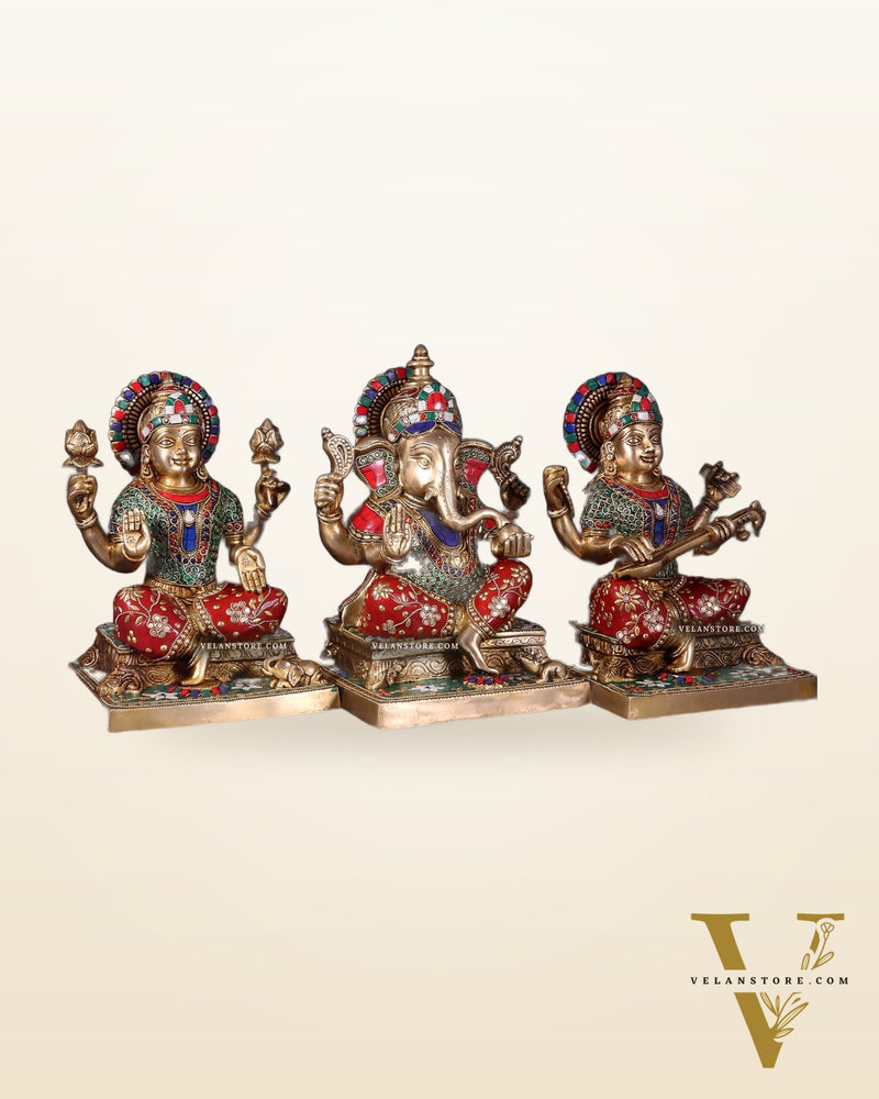Pure Brass Ganesh Lakshmi Saraswati Statue Set 12 inch multicolour