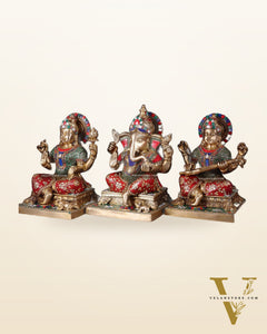 Pure Brass Ganesh Lakshmi Saraswati Statue Set 12 inch multicolour
