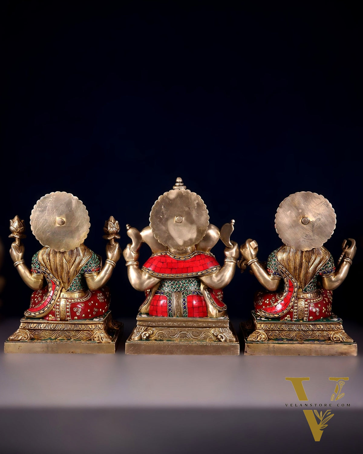 Pure Brass Ganesh Lakshmi Saraswati Statue Set 12 inch multicolour