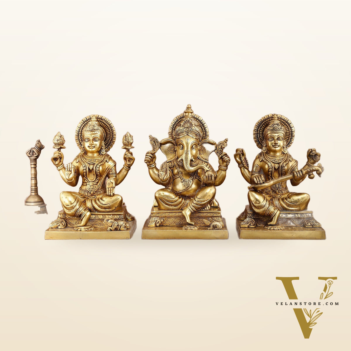 Pure Brass Ganesh Lakshmi Saraswati Statue Set | Divine Trio 12 Inches