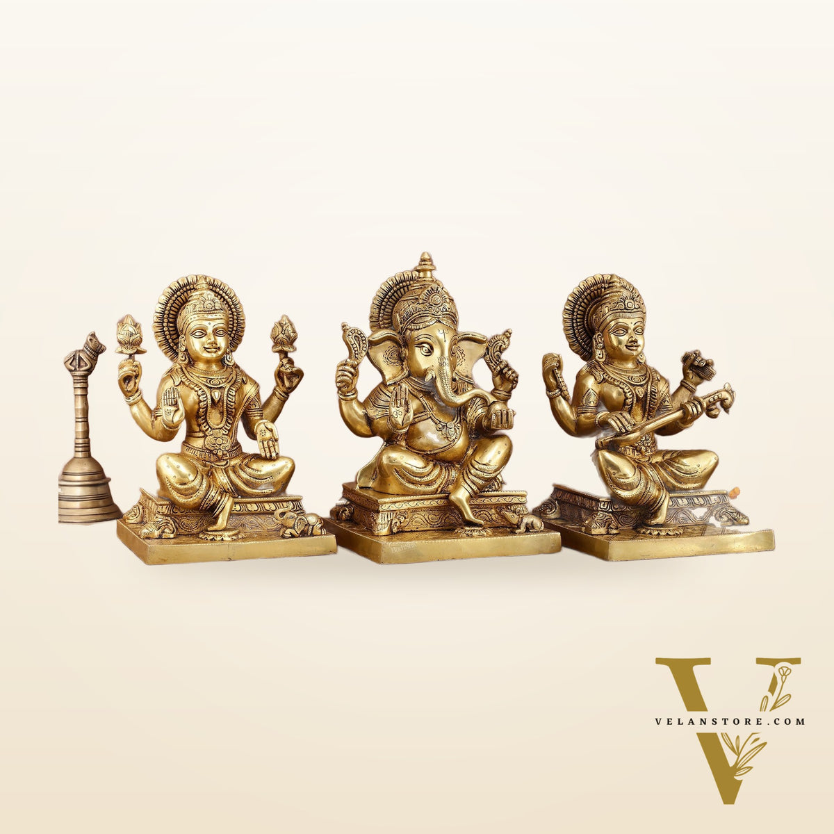 Pure Brass Ganesh Lakshmi Saraswati Statue Set | Divine Trio 12 Inches