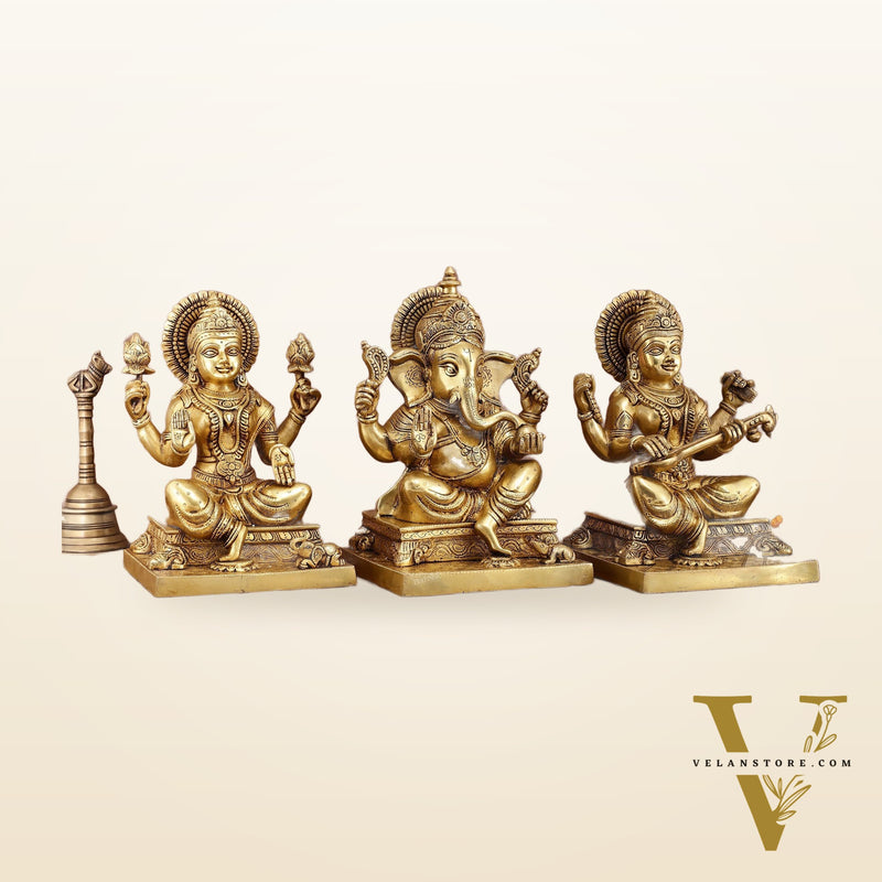 Pure Brass Ganesh Lakshmi Saraswati Statue Set | Divine Trio 12 Inches
