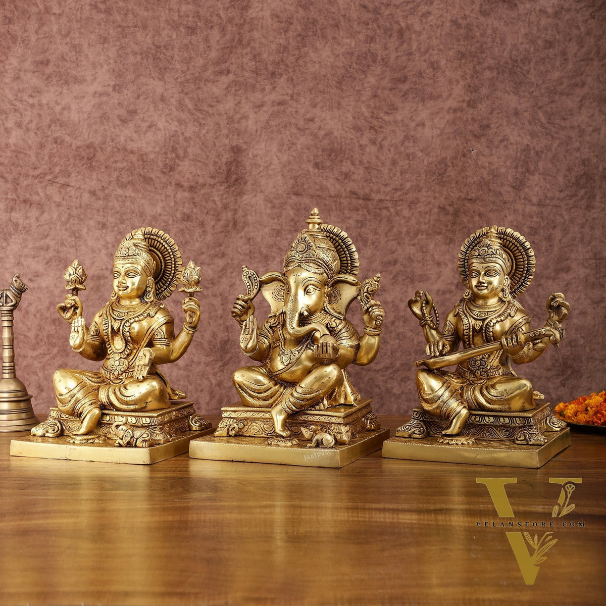 Pure Brass Ganesh Lakshmi Saraswati Statue Set | Divine Trio 12 Inches