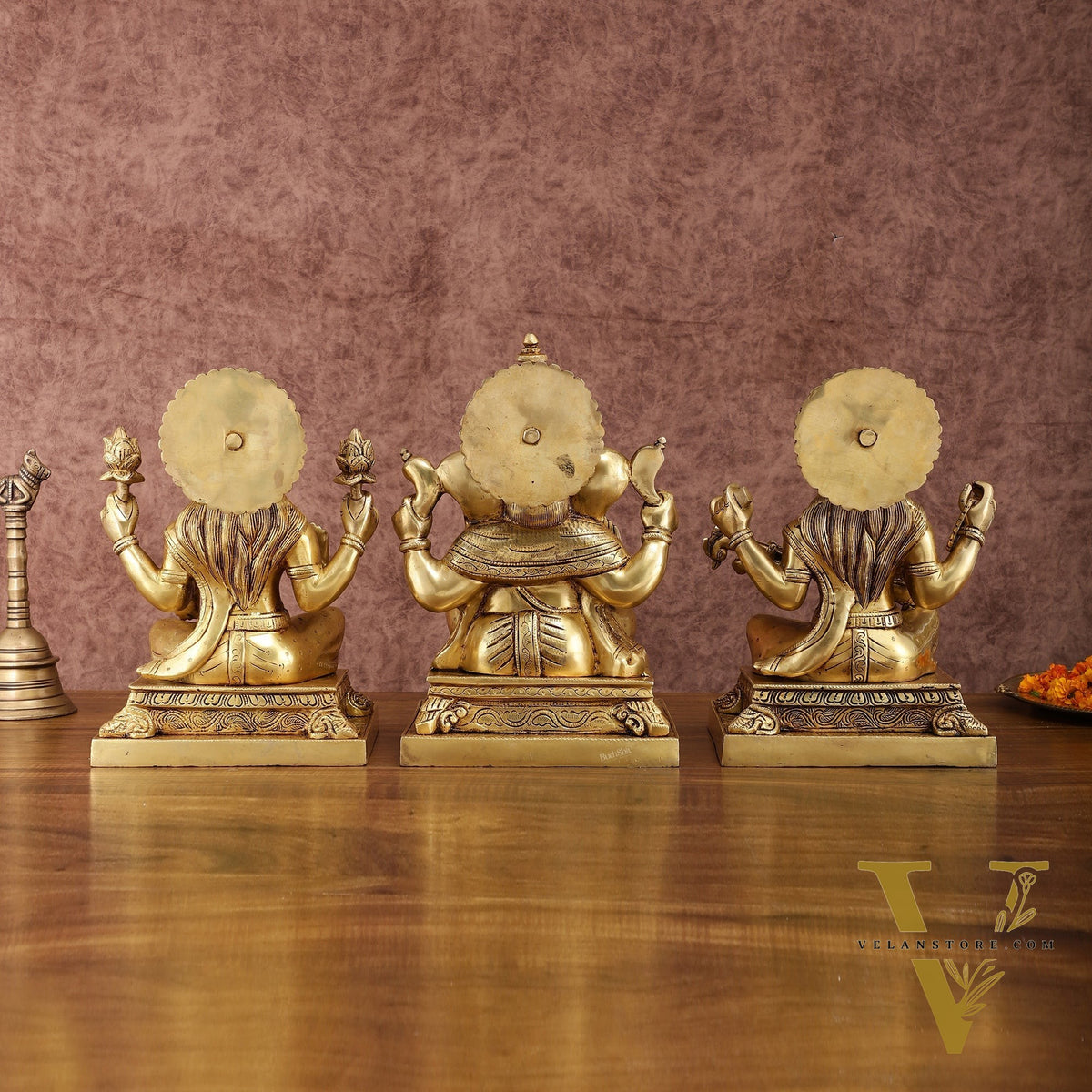 Pure Brass Ganesh Lakshmi Saraswati Statue Set | Divine Trio 12 Inches