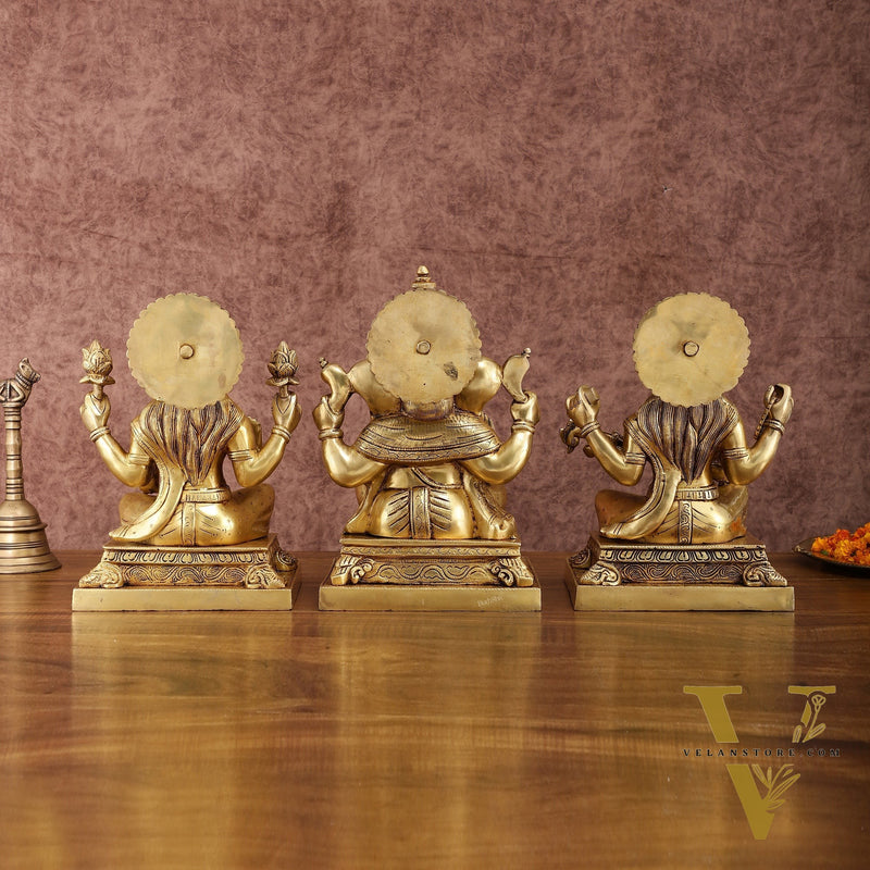 Pure Brass Ganesh Lakshmi Saraswati Statue Set | Divine Trio 12 Inches