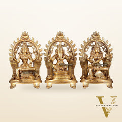 Pure Brass Ganesh, Lakshmi, Saraswati with Prabhavali Idols 12"