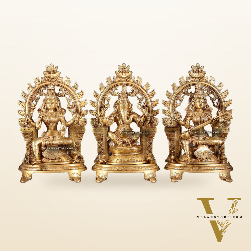 Pure Brass Ganesh, Lakshmi, Saraswati with Prabhavali Idols 12"