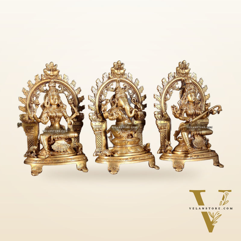 Pure Brass Ganesh, Lakshmi, Saraswati with Prabhavali Idols 12"