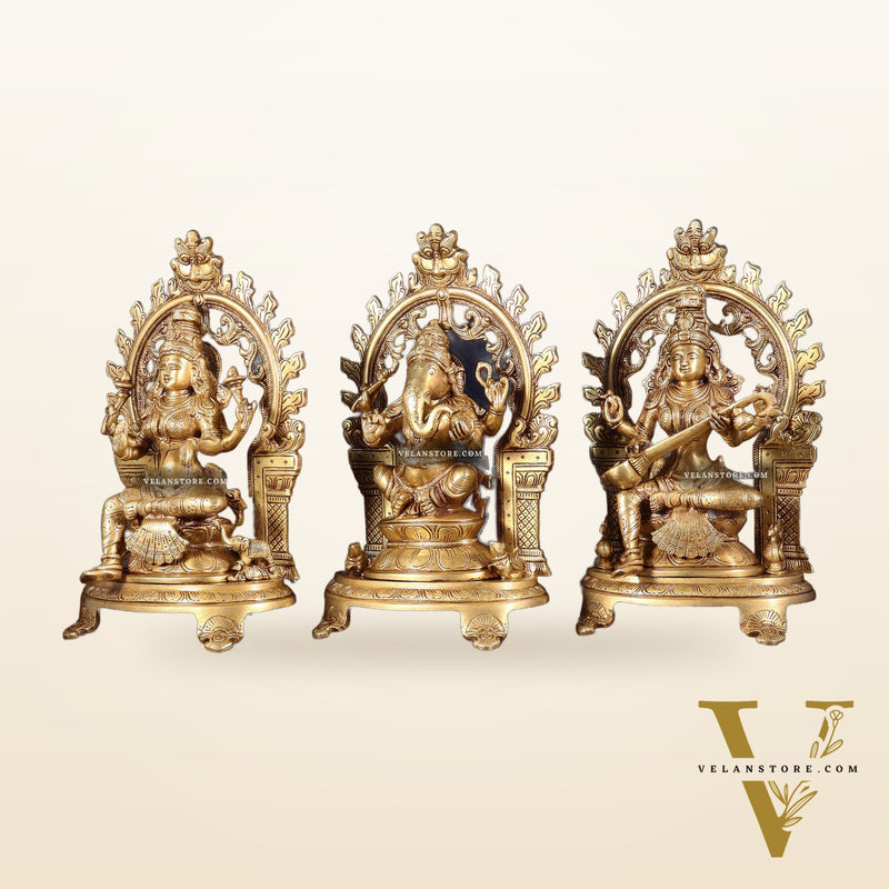 Pure Brass Ganesh, Lakshmi, Saraswati with Prabhavali Idols 12"