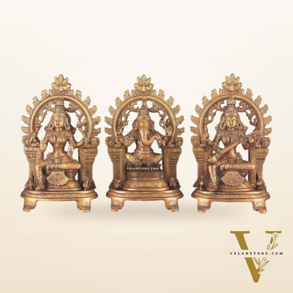 Pure Brass Ganesh, Lakshmi, Saraswati with Prabhavali Idols (burnt brass tone ) 12"