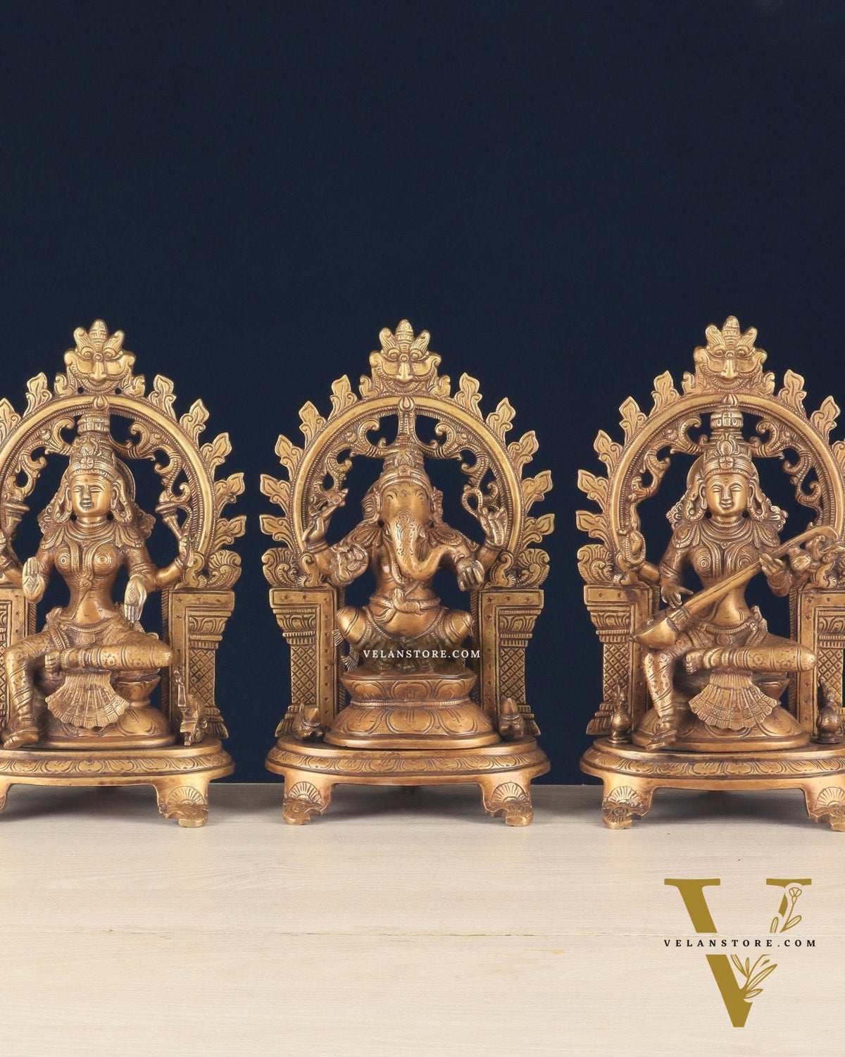 Pure Brass Ganesh, Lakshmi, Saraswati with Prabhavali Idols (burnt brass tone ) 12"