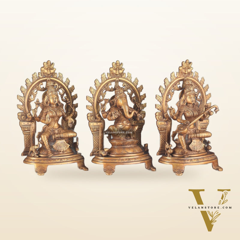 Pure Brass Ganesh, Lakshmi, Saraswati with Prabhavali Idols (burnt brass tone ) 12"
