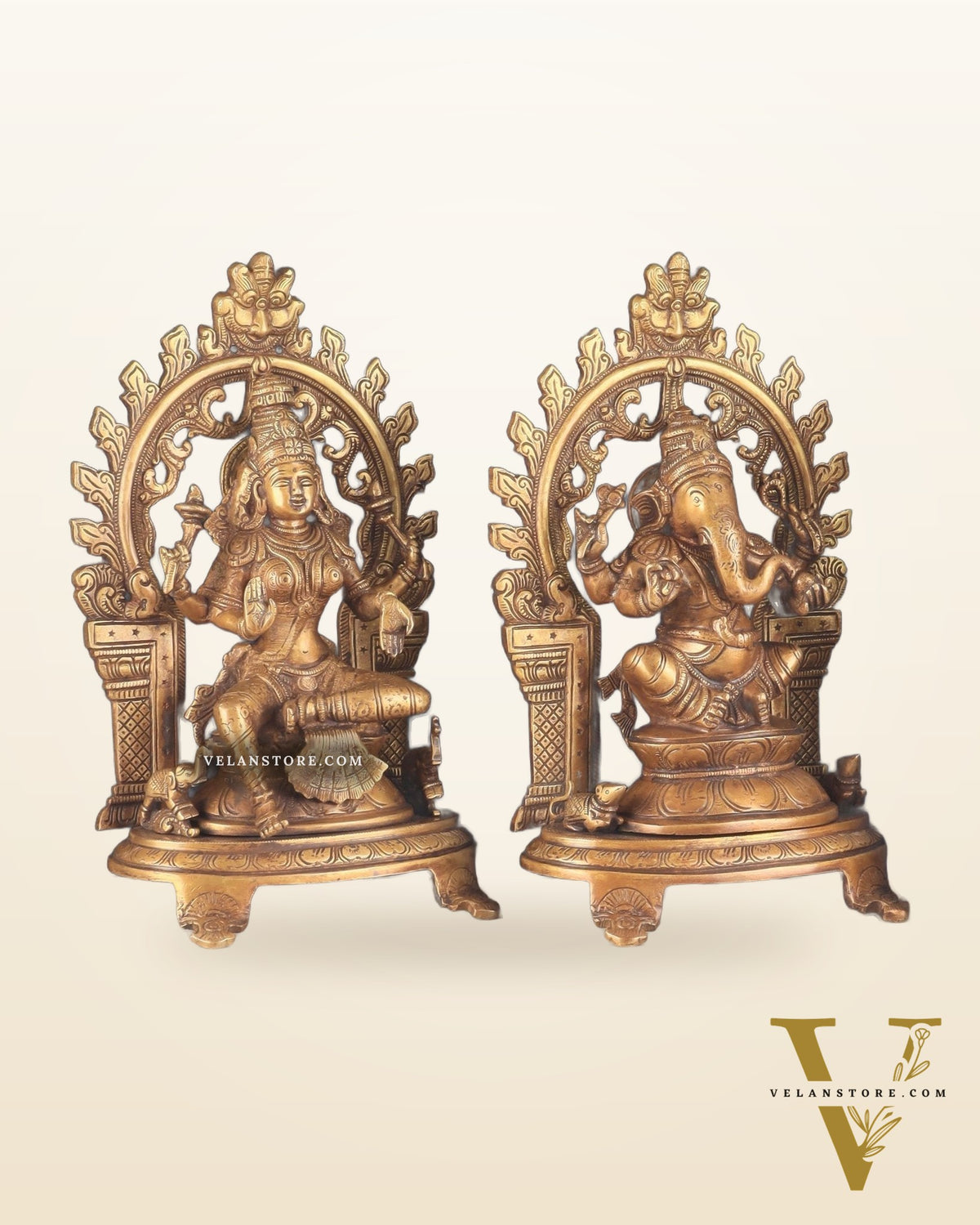 Pure Brass Ganesh, Lakshmi, Saraswati with Prabhavali Idols (burnt brass tone ) 12"