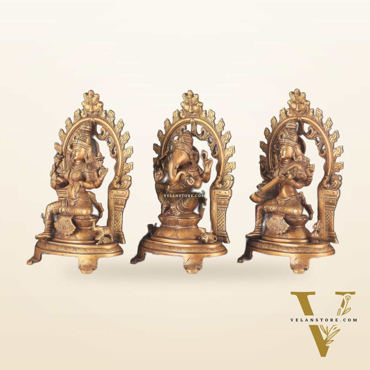 Pure Brass Ganesh, Lakshmi, Saraswati with Prabhavali Idols (burnt brass tone ) 12"