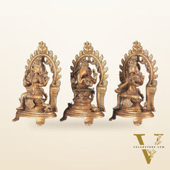 Pure Brass Ganesh, Lakshmi, Saraswati with Prabhavali Idols (burnt brass tone ) 12"