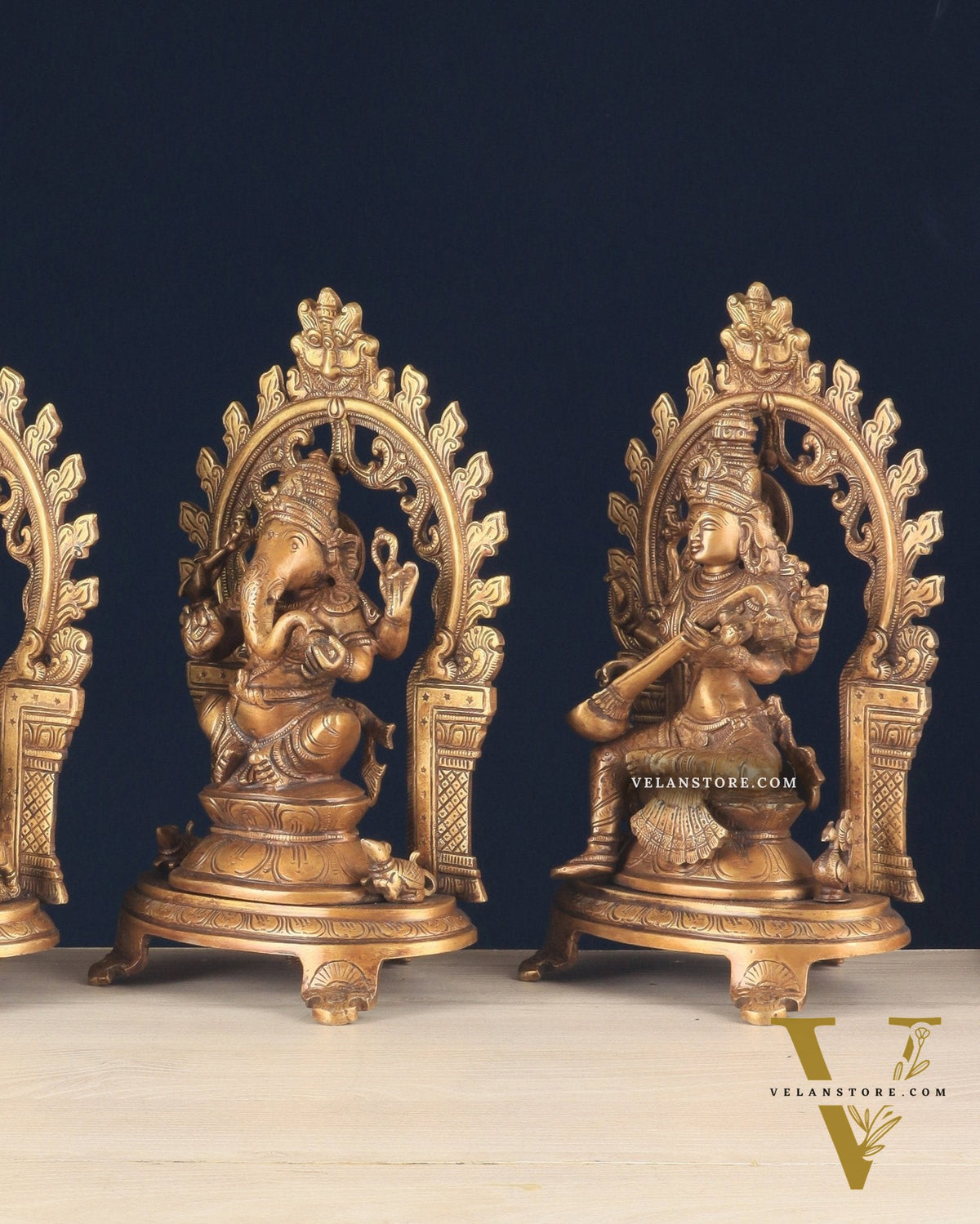 Pure Brass Ganesh, Lakshmi, Saraswati with Prabhavali Idols (burnt brass tone ) 12"
