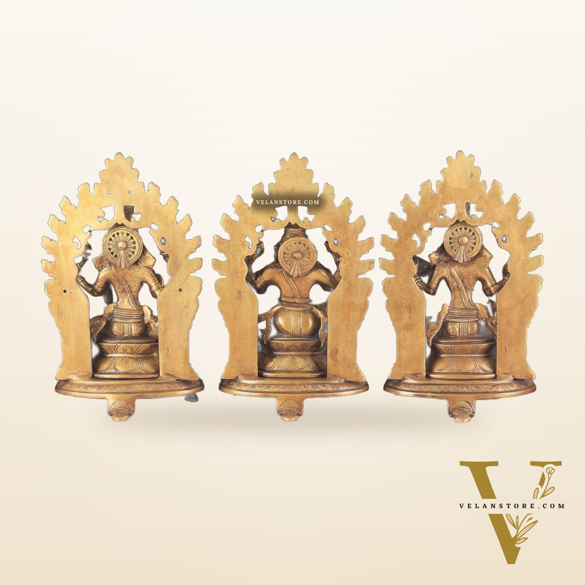 Pure Brass Ganesh, Lakshmi, Saraswati with Prabhavali Idols (burnt brass tone ) 12"