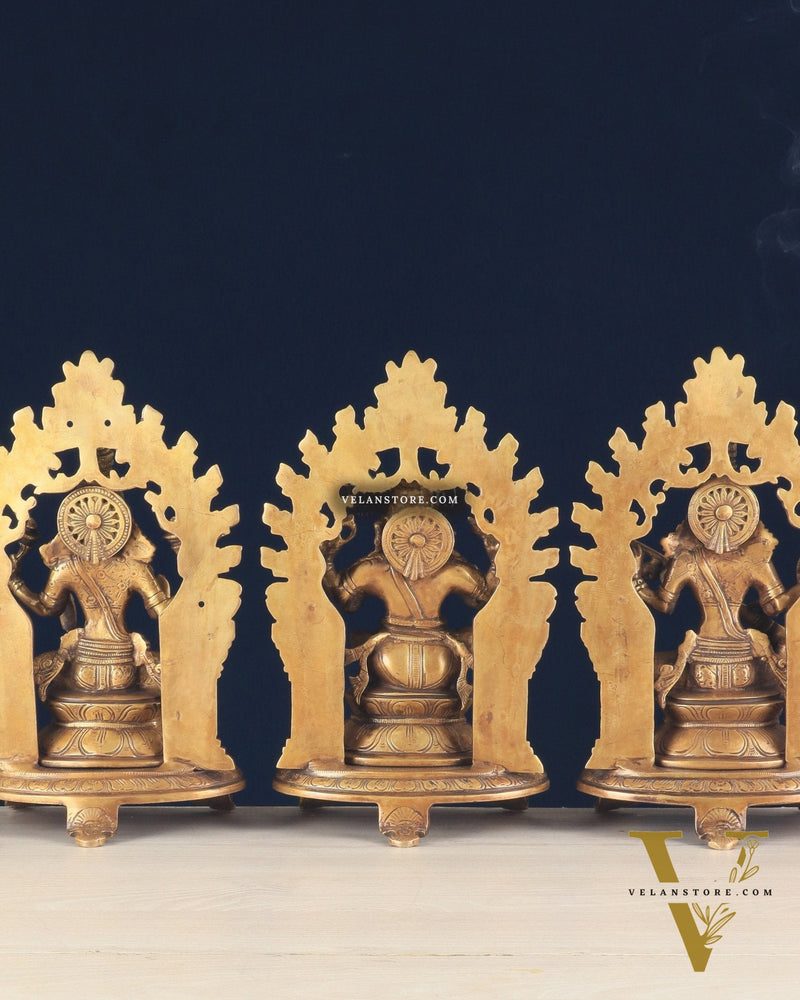 Pure Brass Ganesh, Lakshmi, Saraswati with Prabhavali Idols (burnt brass tone ) 12"