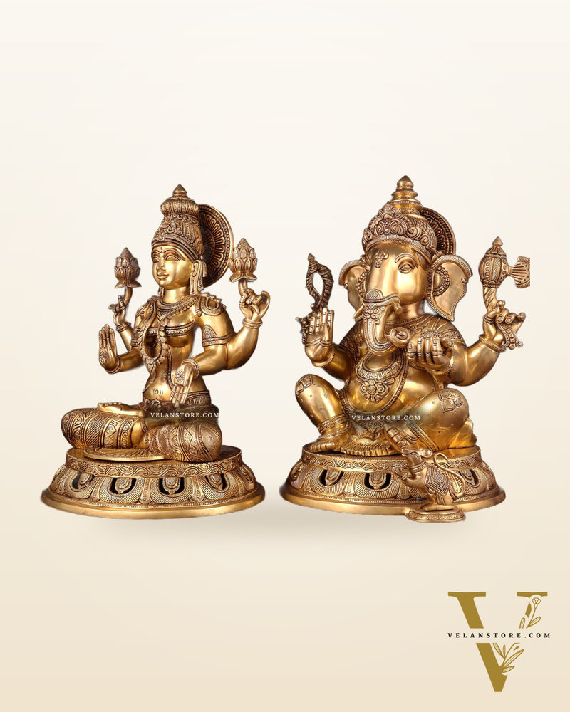 Pure Brass Ganesh Lakshmi Statue Pair – Superfine Handcrafted Idols 18"