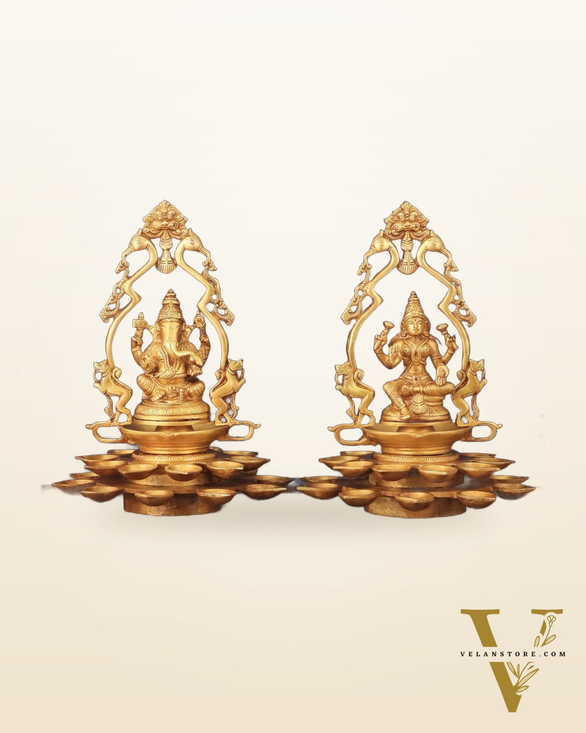 Pure Brass Ganesha and Goddess Lakshmi Statues with Diyas and Thiruvarchi Frames - 12"