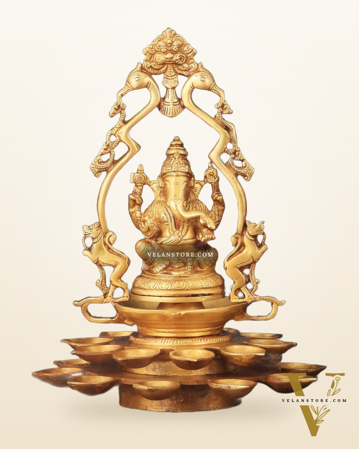 Pure Brass Ganesha and Goddess Lakshmi Statues with Diyas and Thiruvarchi Frames - 12"