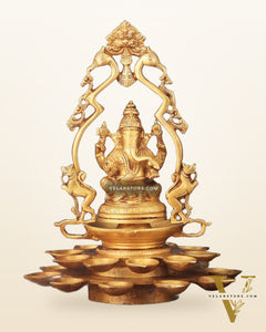 Pure Brass Ganesha and Goddess Lakshmi Statues with Diyas and Thiruvarchi Frames - 12"