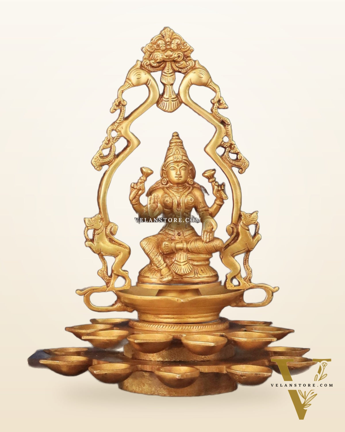 Pure Brass Ganesha and Goddess Lakshmi Statues with Diyas and Thiruvarchi Frames - 12"