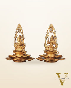 Pure Brass Ganesha and Goddess Lakshmi Statues with Diyas and Thiruvarchi Frames - 12"