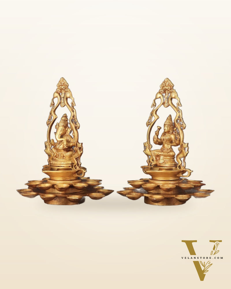 Pure Brass Ganesha and Goddess Lakshmi Statues with Diyas and Thiruvarchi Frames - 12"