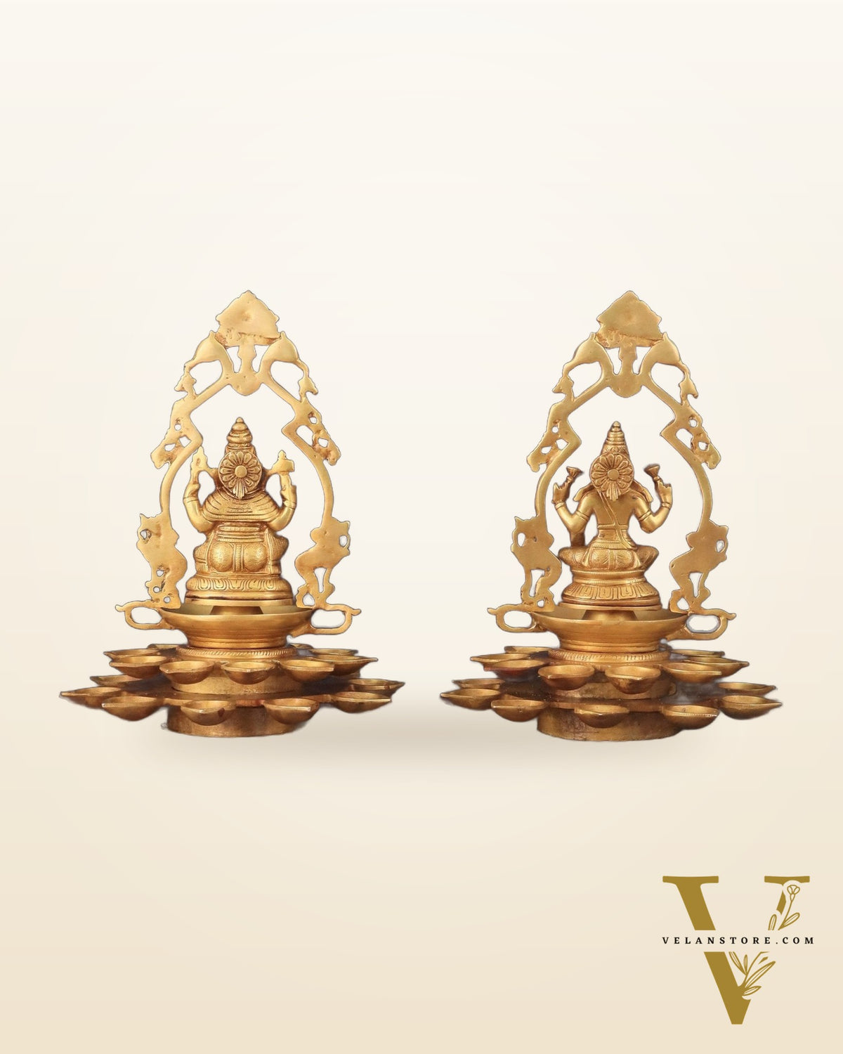 Pure Brass Ganesha and Goddess Lakshmi Statues with Diyas and Thiruvarchi Frames - 12"